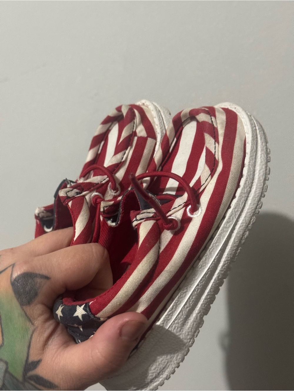 Hey Dude Kids Red and White Striped Sneakers with Star Heel